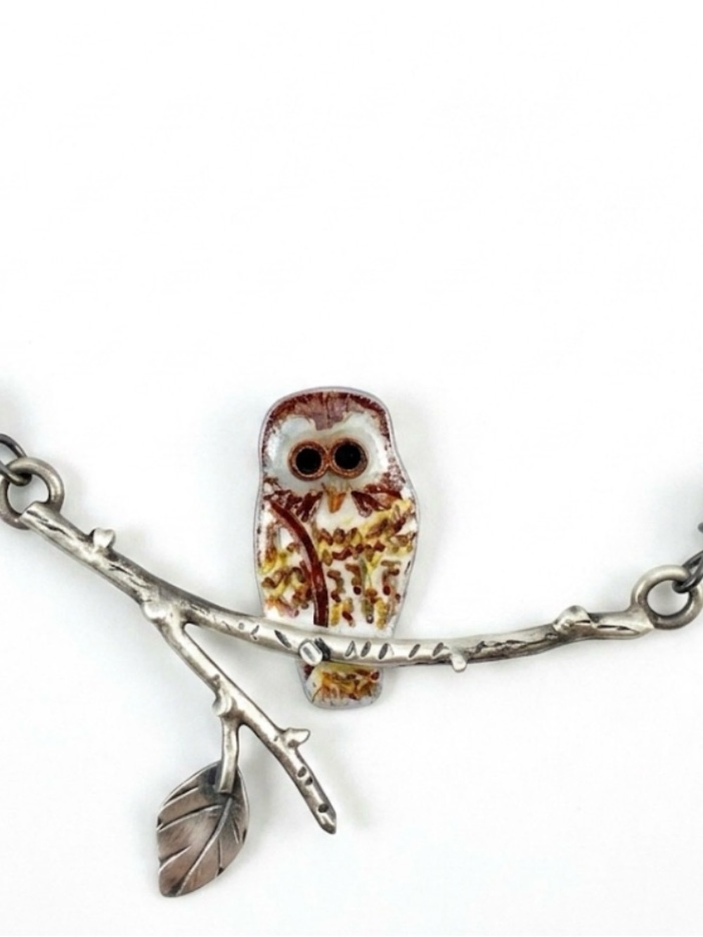 Silver Branch Necklace with Brown & Cream Owl Pendant
